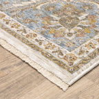 Cream and blue traditional floral area rug with ornate damask border design