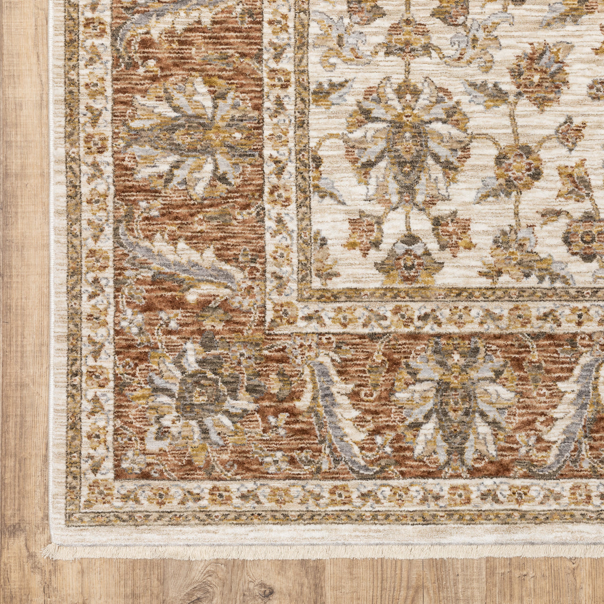 Classic floral pattern rug with cream center, terracotta border and ornate medallion design