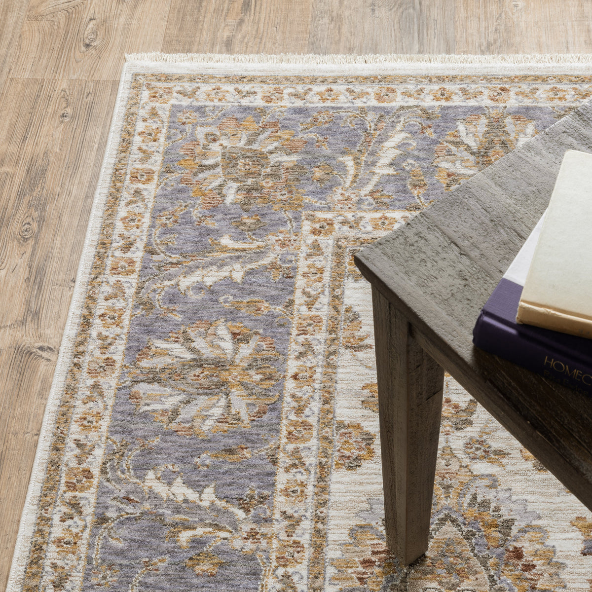 Cream and blue traditional floral area rug with ornate damask border design