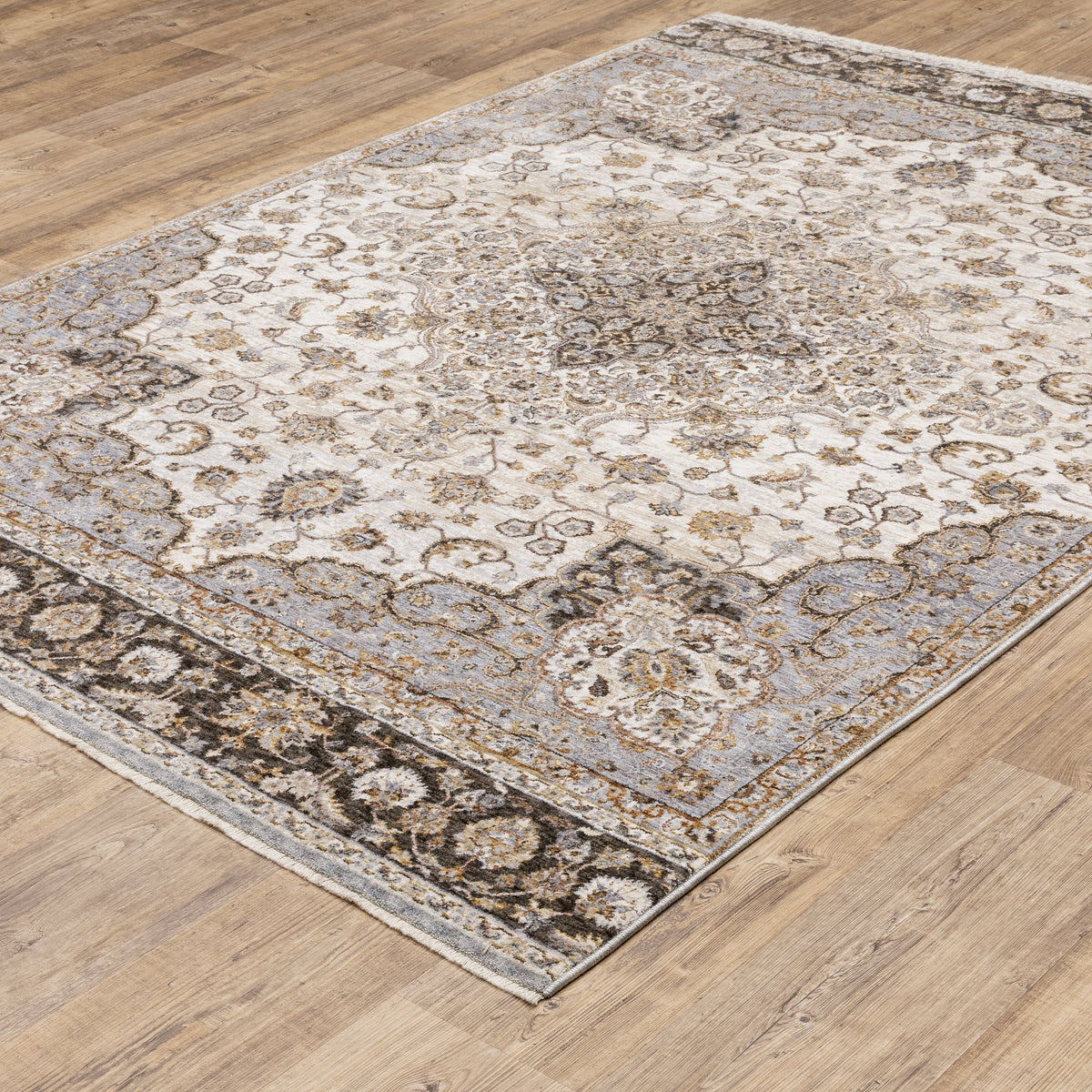 Beige traditional Persian style rug with ornate medallion and floral border patterns