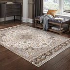 Beige traditional Persian style rug with ornate medallion and floral border patterns