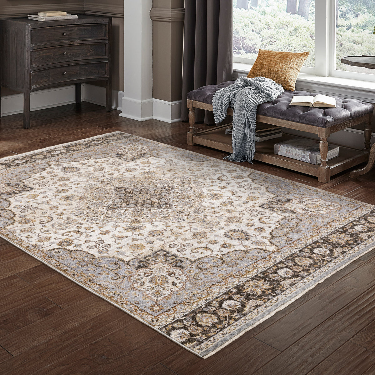 Beige traditional Persian style rug with ornate medallion and floral border patterns