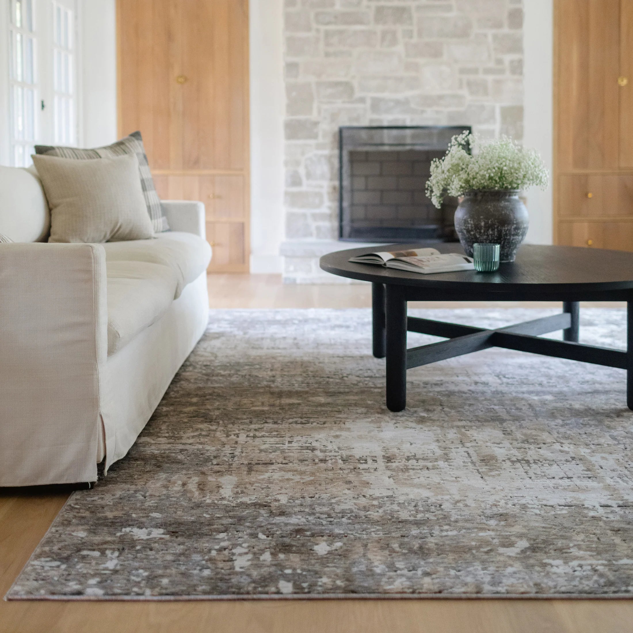 Modern living room with distressed gray and beige area rug under black coffee table
