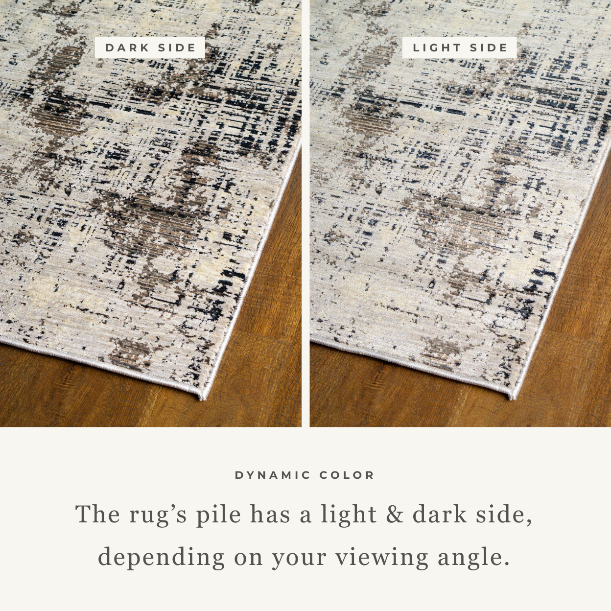 Modern distressed rug with abstract geometric pattern in cream and charcoal gray tones