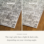 Modern geometric patterned rug in cream and brown tones on wood flooring