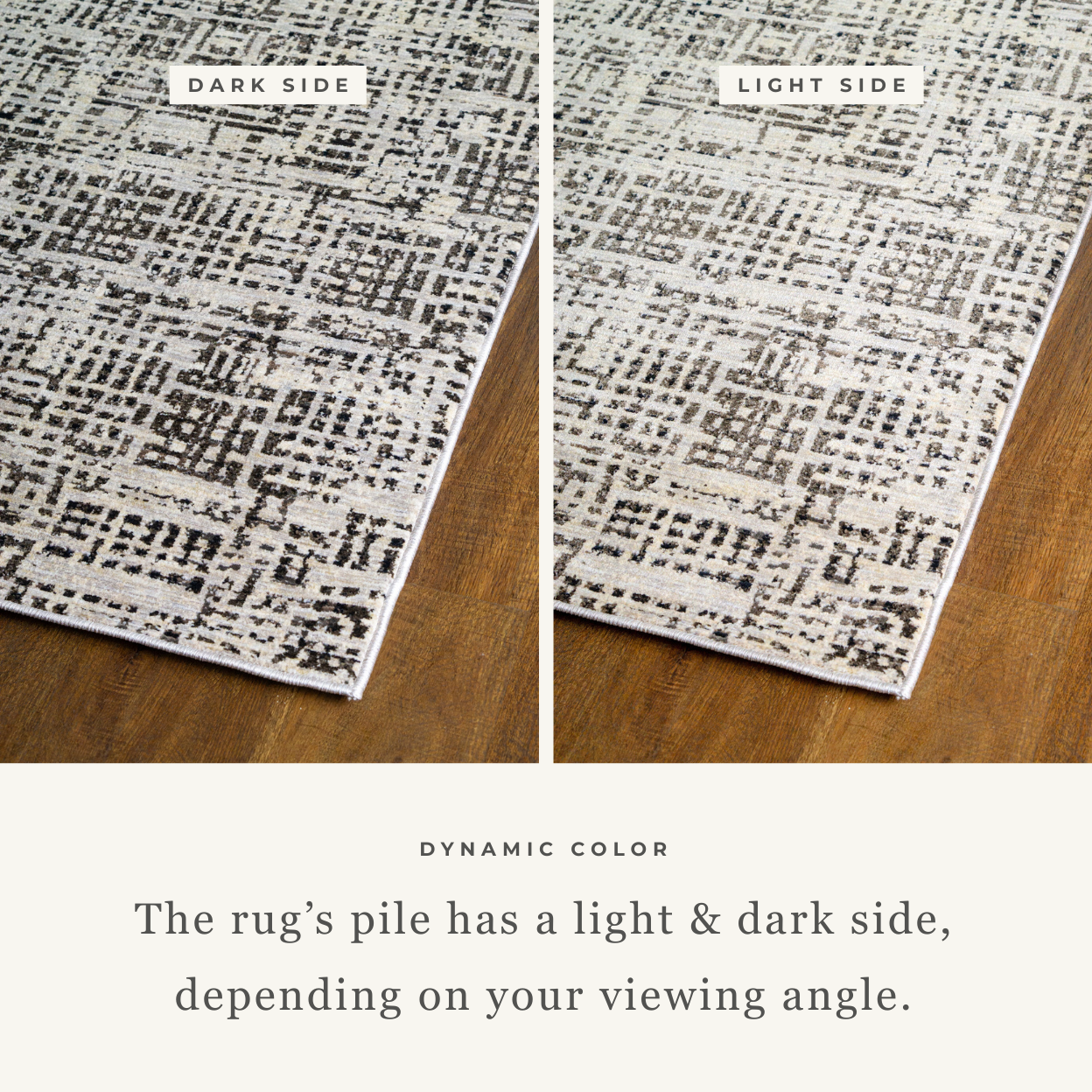 Modern geometric patterned rug in cream and brown tones on wood flooring