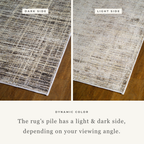 Beige textured area rug with abstract grid pattern on light wood flooring