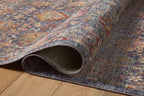 Vintage-style area rug with ornate floral medallions in blue, rust, and gold tones