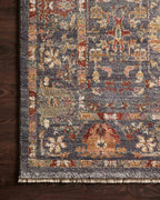 Vintage-style area rug with ornate floral medallions in blue, rust, and gold tones