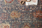 Vintage-style area rug with ornate floral medallions in blue, rust, and gold tones