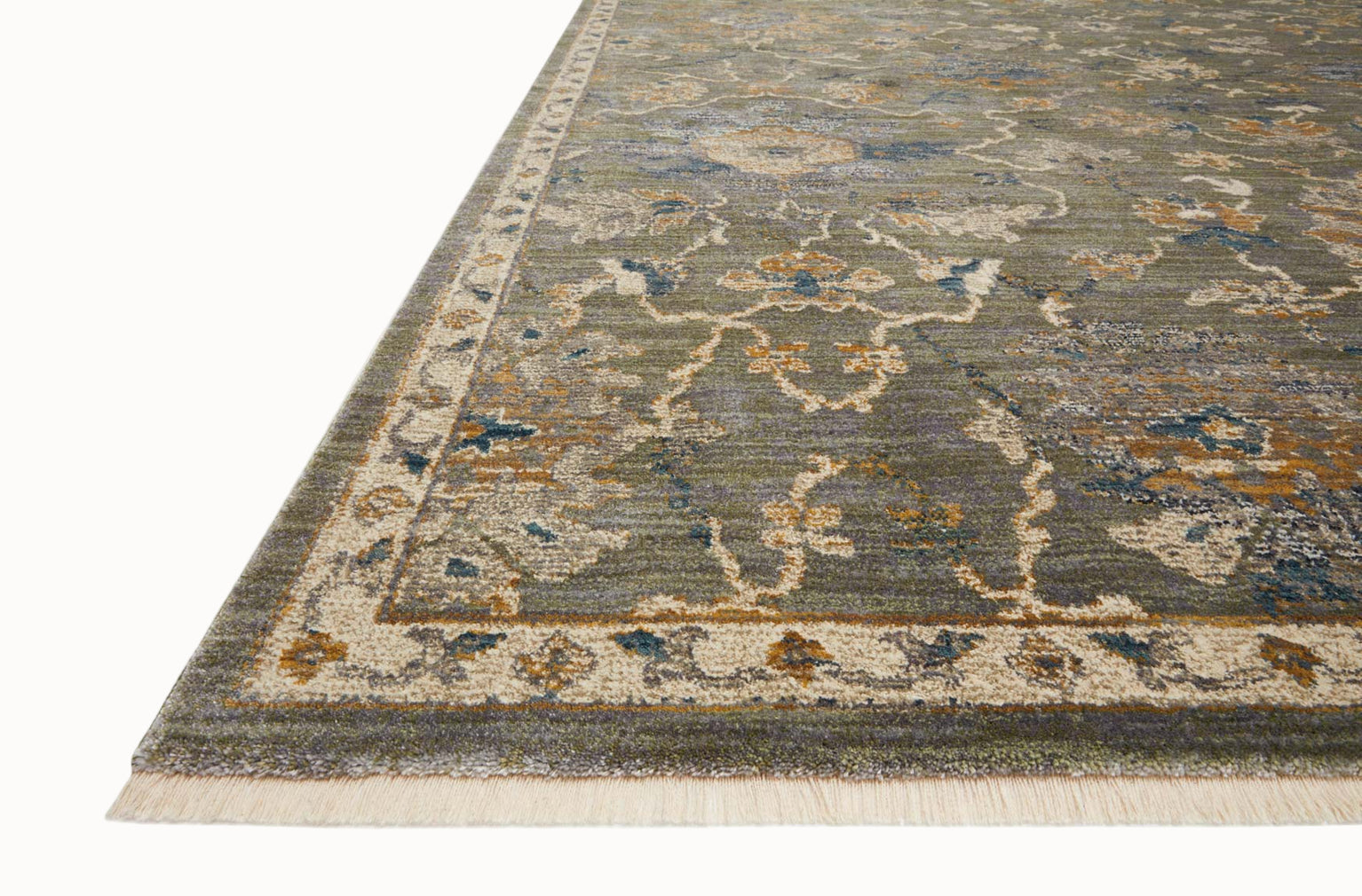 Gray traditional rug with floral botanical pattern and cream border