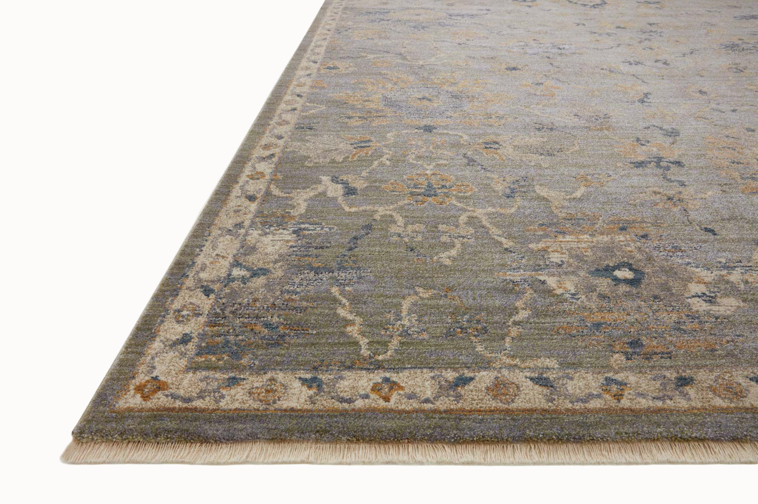 Gray traditional rug with floral botanical pattern and cream border