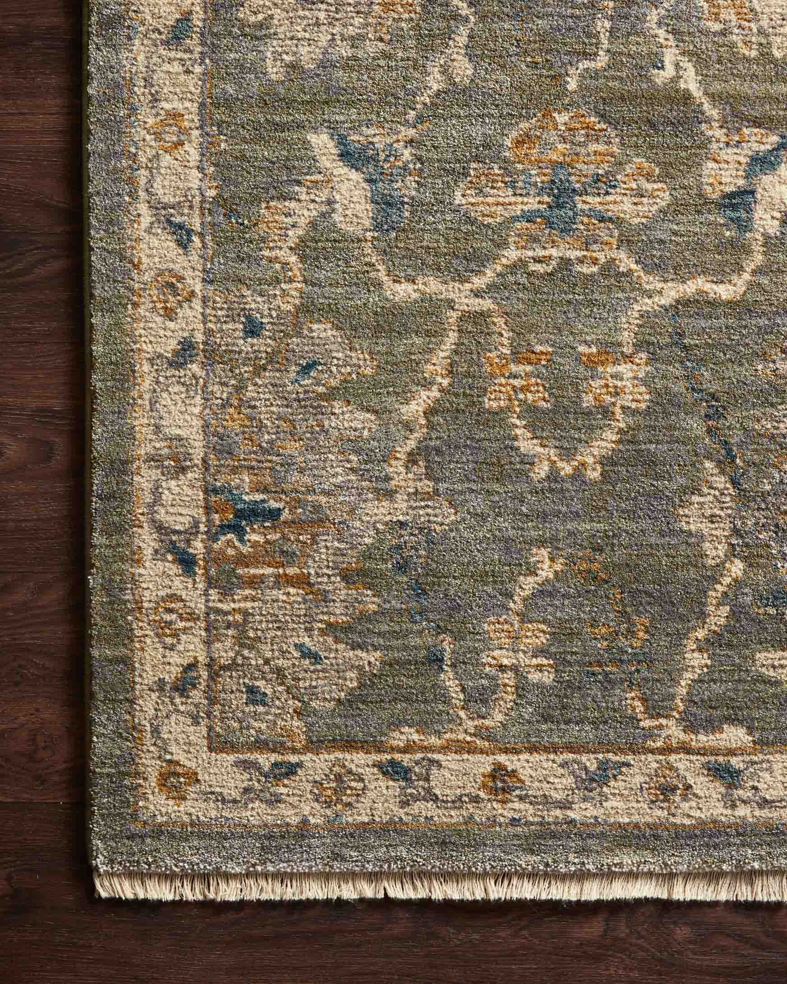 Gray traditional rug with floral botanical pattern and cream border
