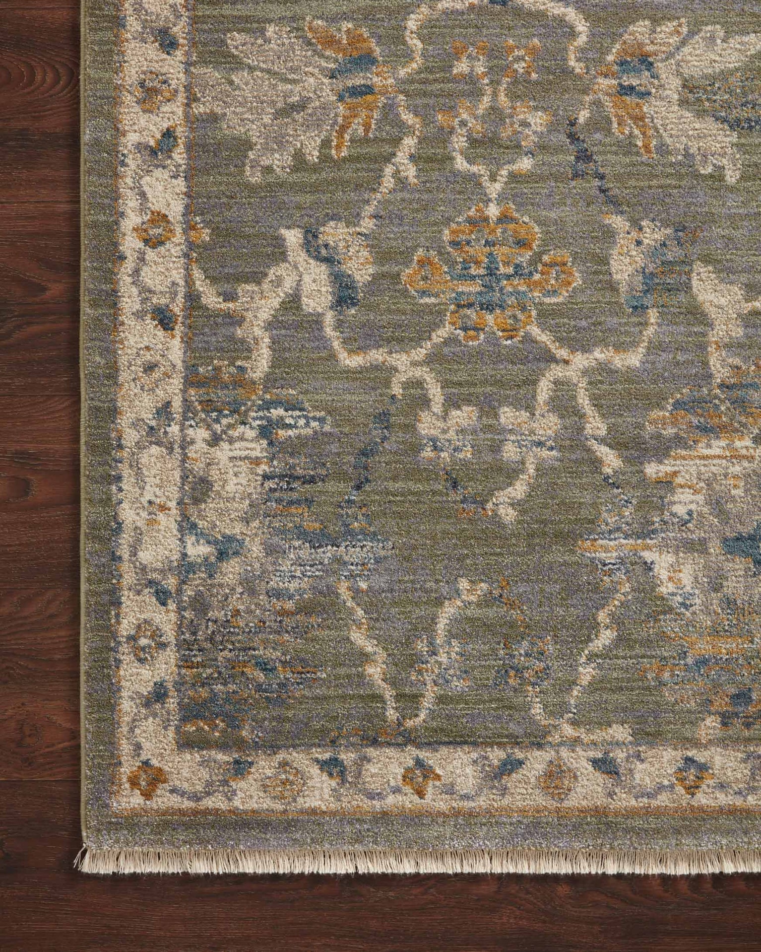 Gray traditional rug with floral botanical pattern and cream border