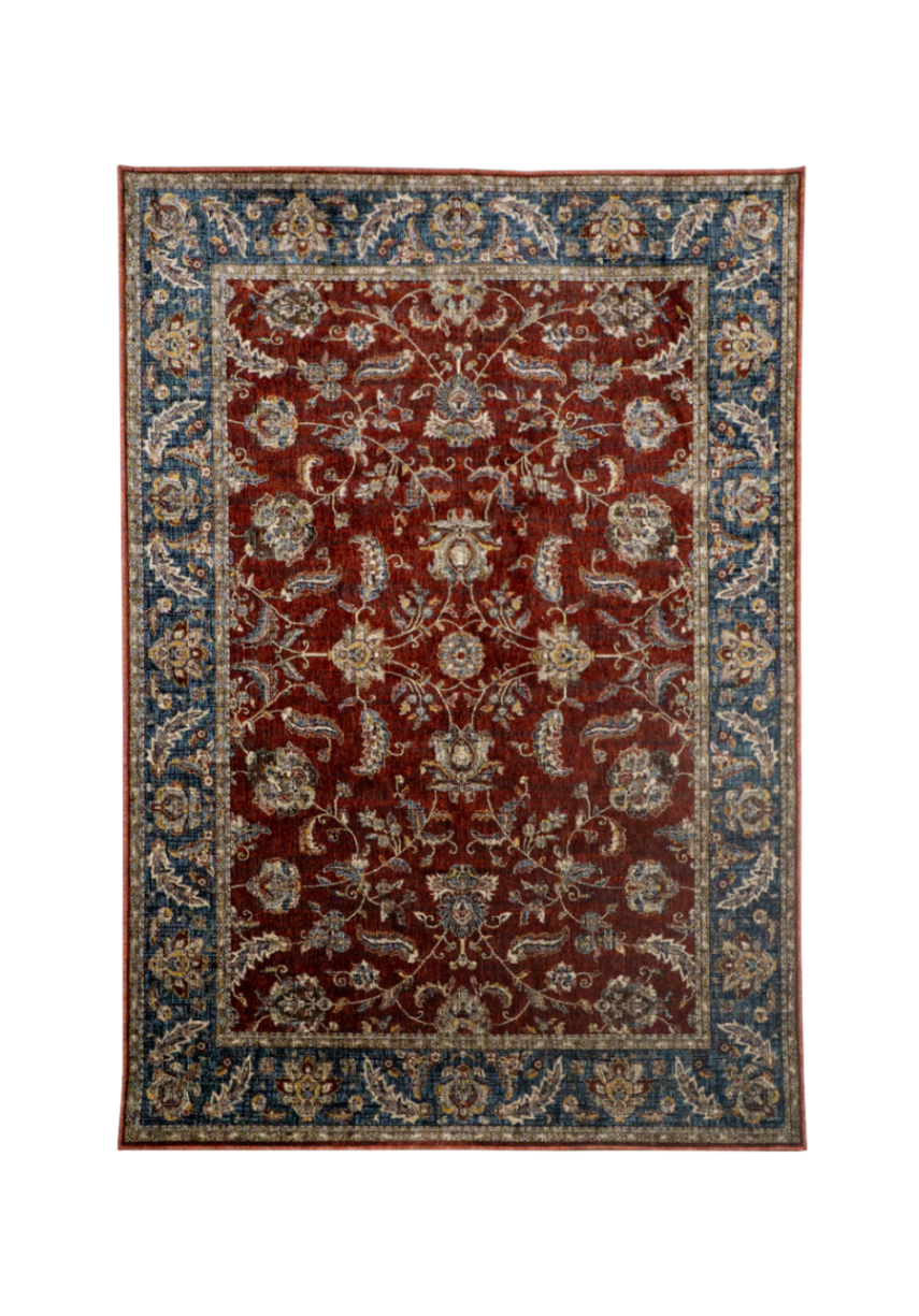 Red traditional rug with ornate floral patterns and blue border design