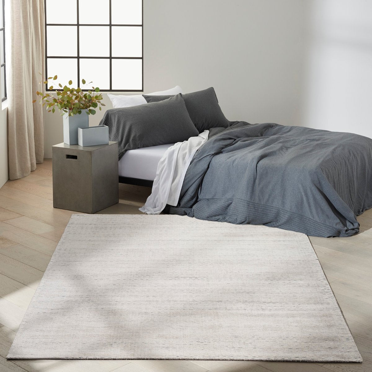 Neutral beige textured area rug with subtle linear pattern and natural fiber appearance
