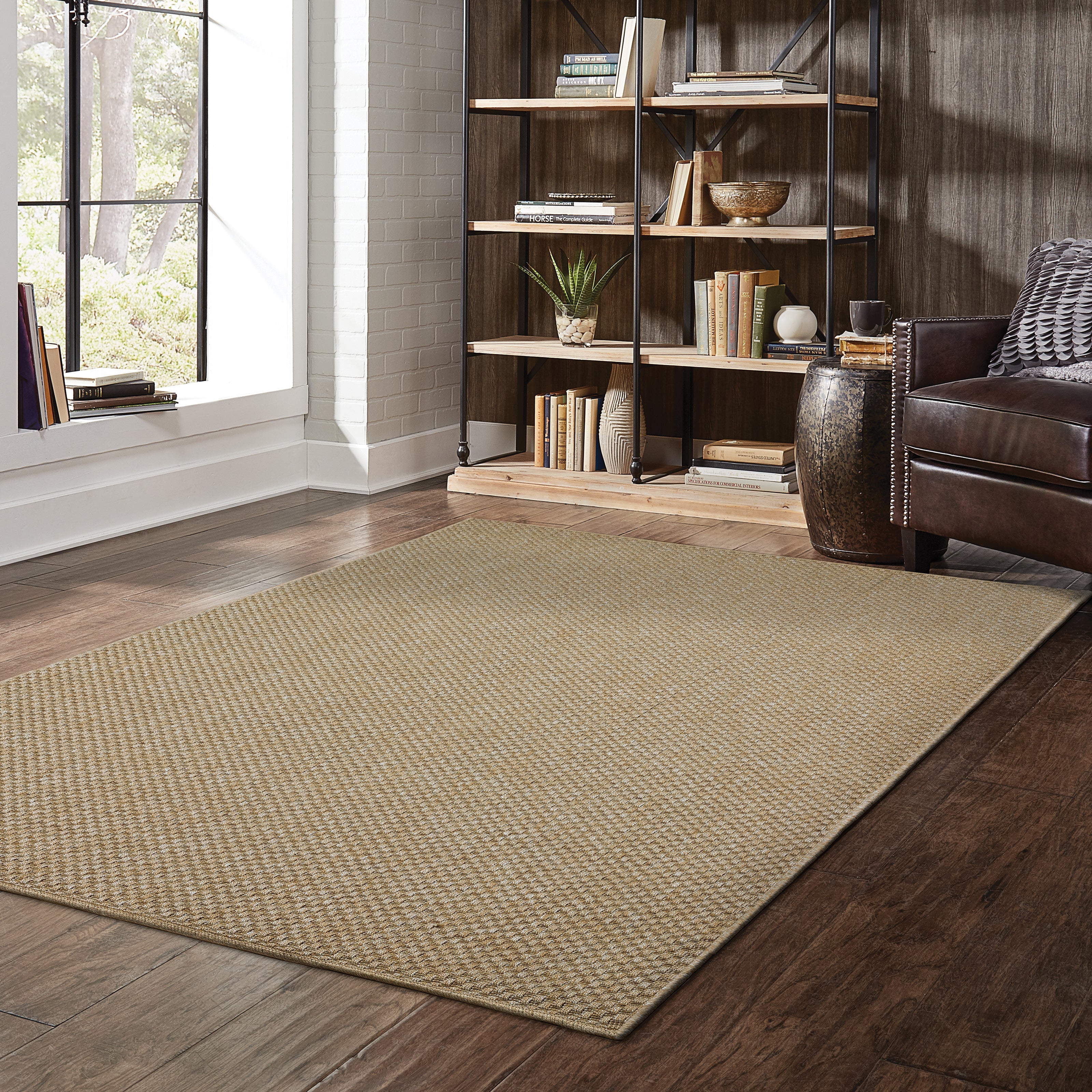 Natural beige textured woven rug with subtle crosshatch pattern
