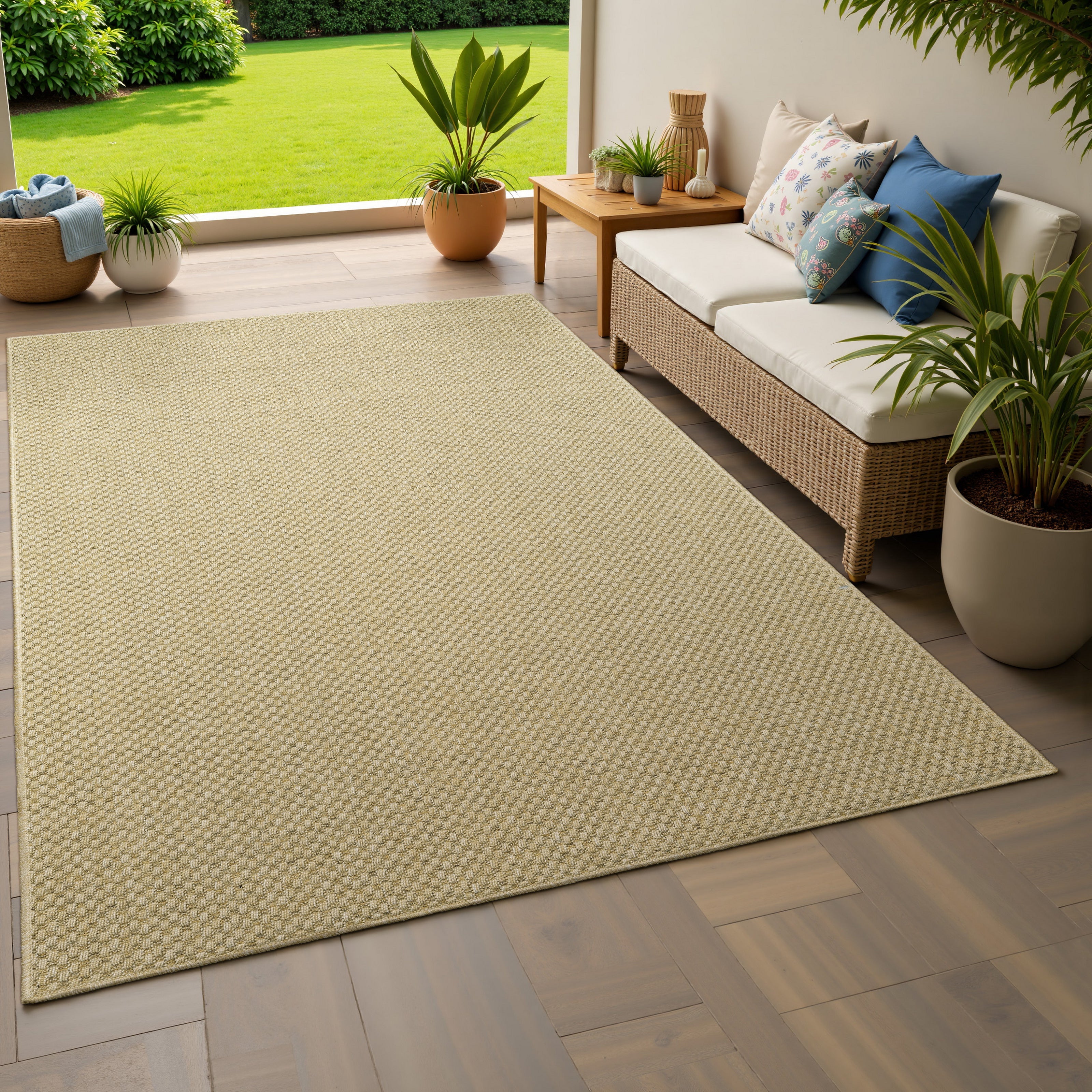 Natural beige textured woven rug with subtle crosshatch pattern