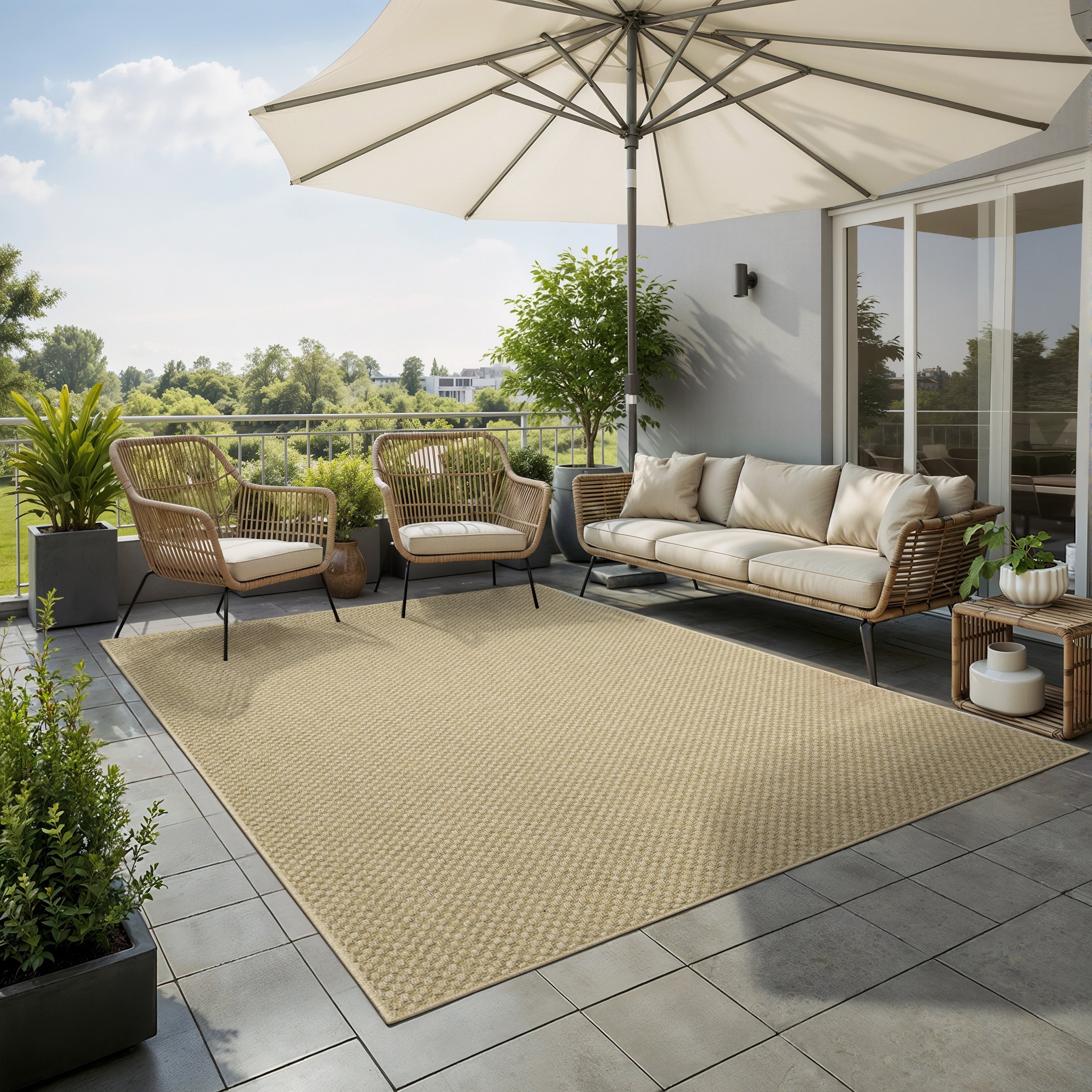 Natural beige textured woven rug with subtle crosshatch pattern