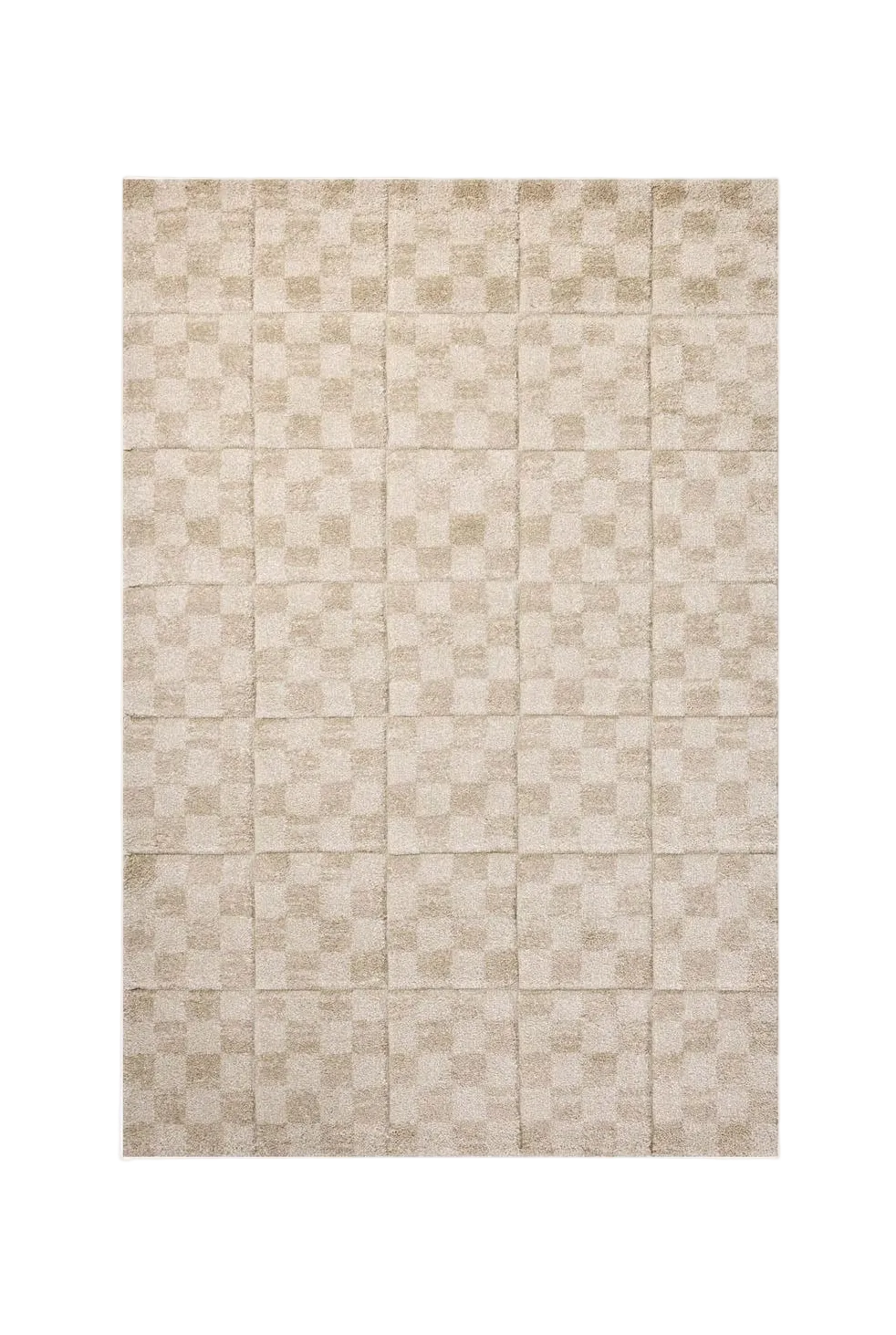 Beige checkered wool rug with textured geometric pattern design