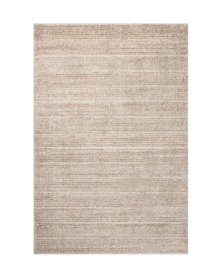 Beige textured area rug with horizontal woven pattern in neutral tones