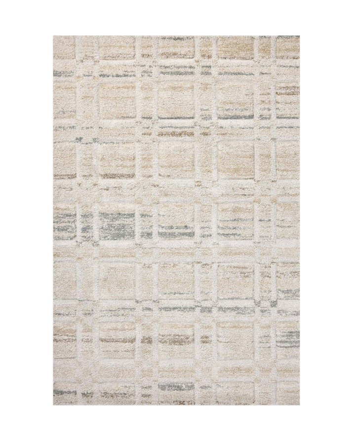 Beige geometric patterned rug with grey accents and textured wool construction