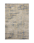 Beige and blue abstract geometric patterned rug with textured wool surface