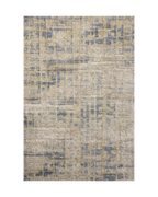 Beige and blue abstract geometric patterned rug with textured wool surface