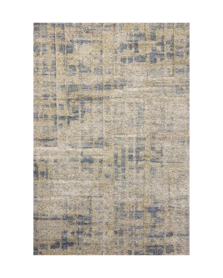 Beige and blue abstract geometric patterned rug with textured wool surface