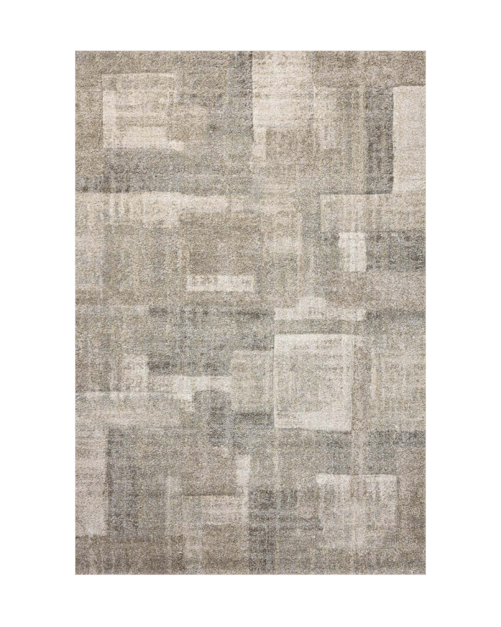 Beige and gray geometric patterned rug with textured woven surface