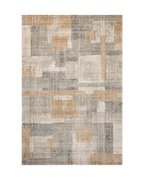 Modern geometric block pattern rug in beige, grey, and tan tones