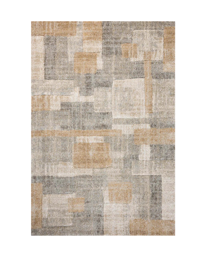 Modern geometric block pattern rug in beige, grey, and tan tones
