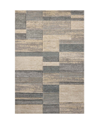 Modern geometric block pattern area rug in grey, beige and tan tones