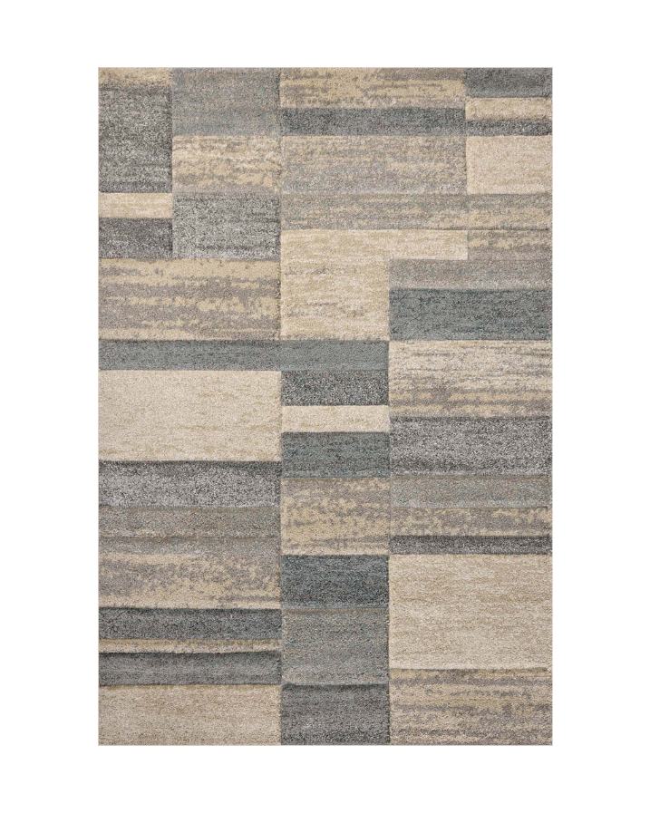 Modern geometric block pattern area rug in grey, beige and tan tones
