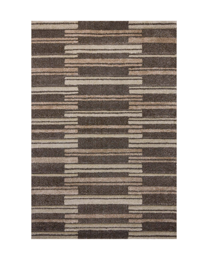 Modern geometric striped rug in brown and beige tones with textured pattern