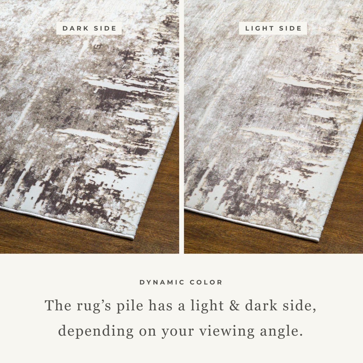Distressed cream and grey area rug with vintage abstract pattern and worn texture