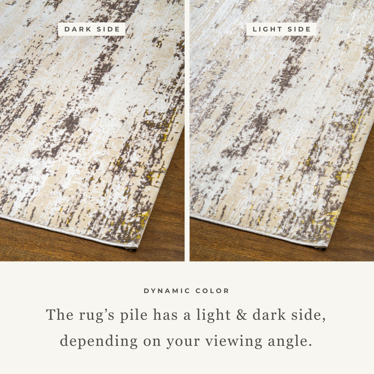 Distressed beige and grey rug with abstract texture and worn vintage aesthetic