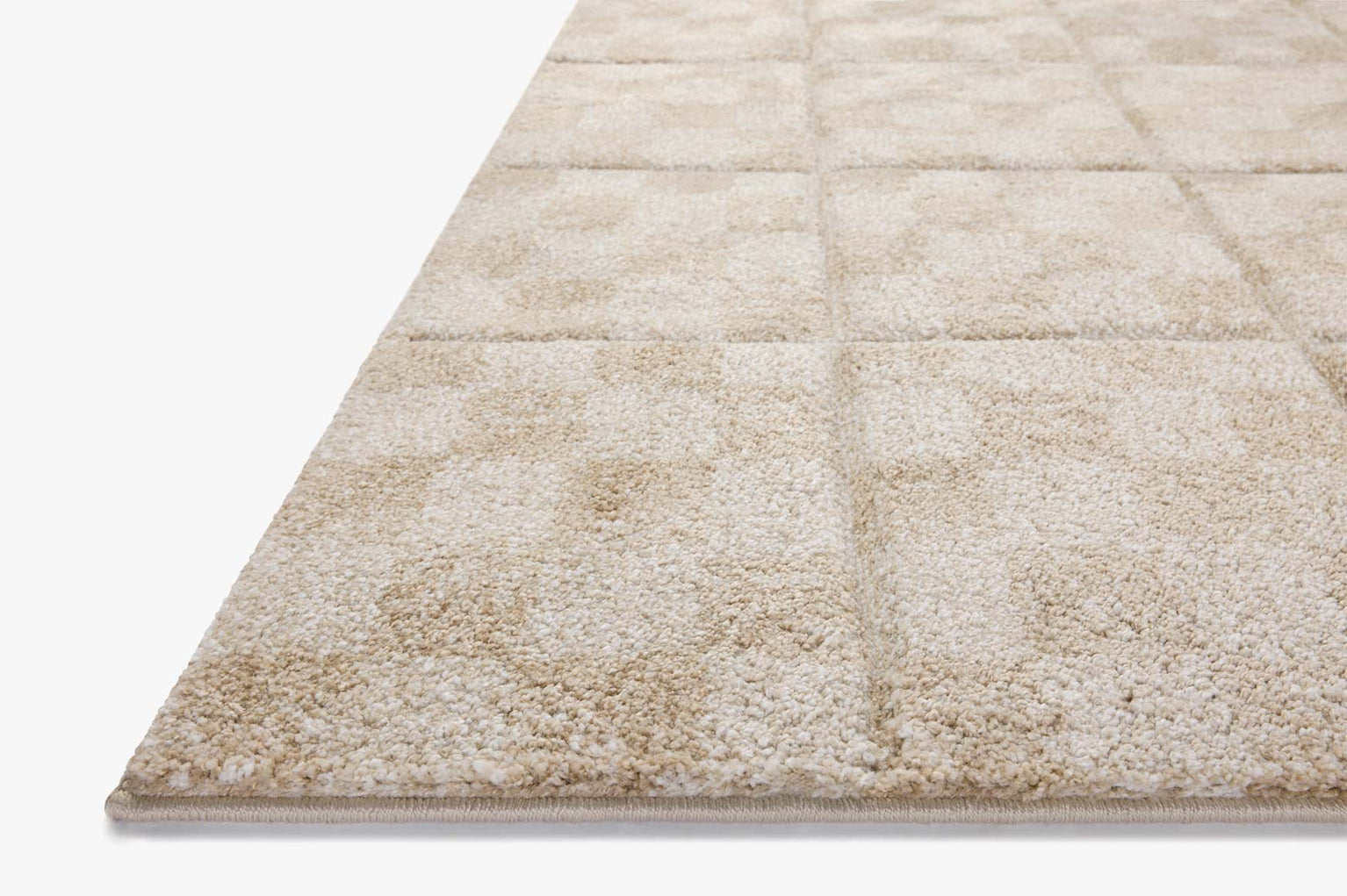 Beige checkered wool rug with textured geometric pattern design