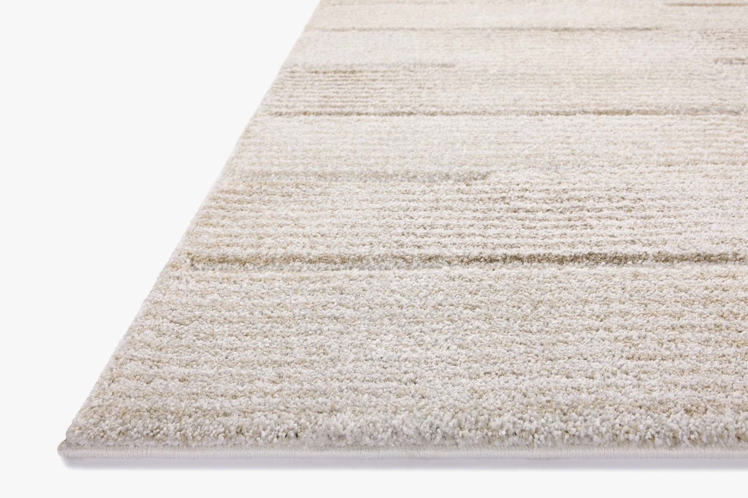 Neutral beige striped area rug with subtle texture and horizontal pattern detail