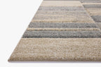 Modern geometric block pattern area rug in grey, beige and tan tones