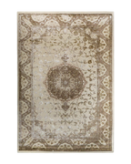 Vintage-style beige and brown medallion rug with ornate floral border pattern