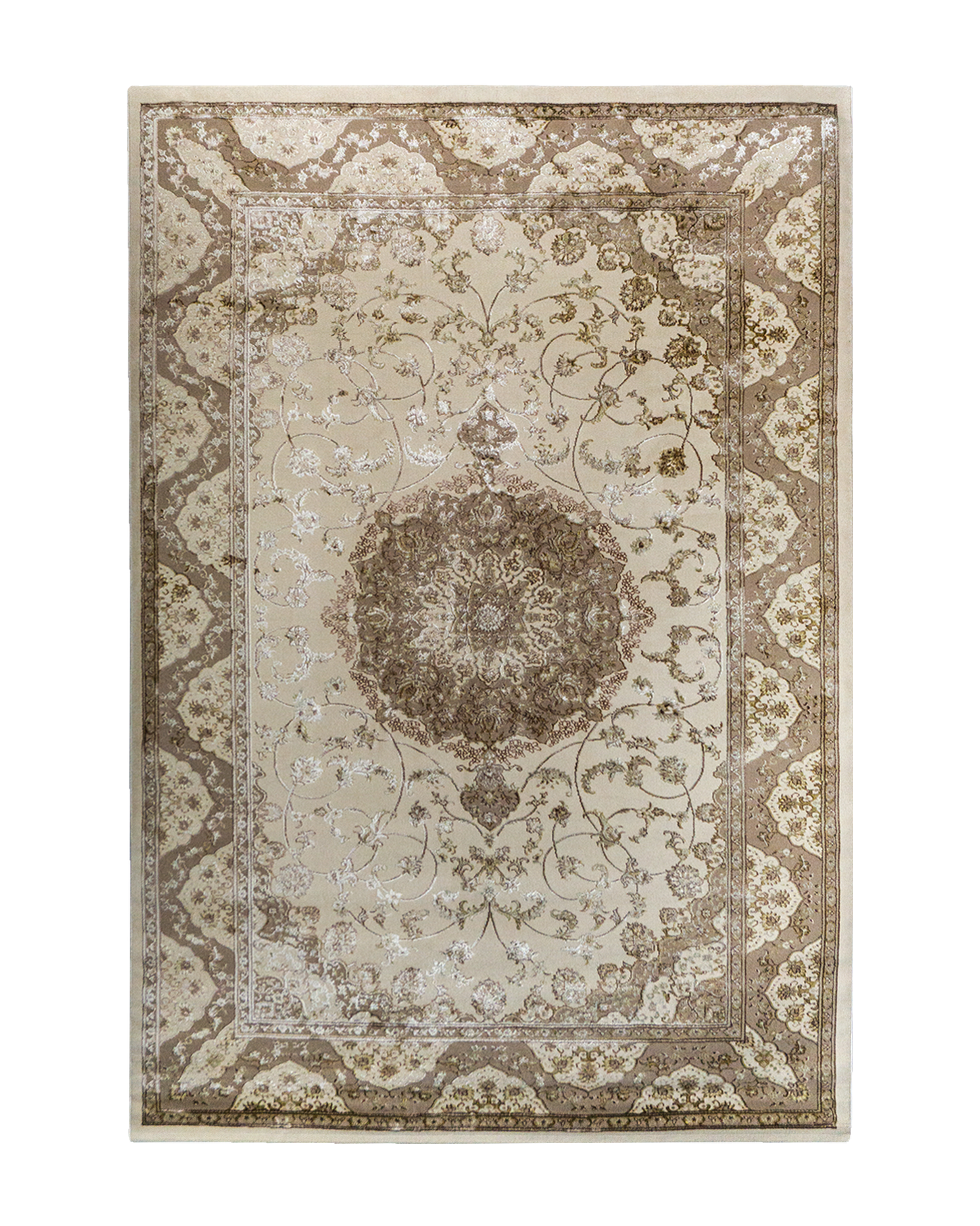 Vintage-style beige and brown medallion rug with ornate floral border pattern