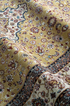Traditional Persian rug with gold center, cream border and ornate floral medallion pattern