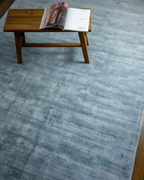 Amara viscose hand-loomed area rug in Dark Cyan, styled in a living room