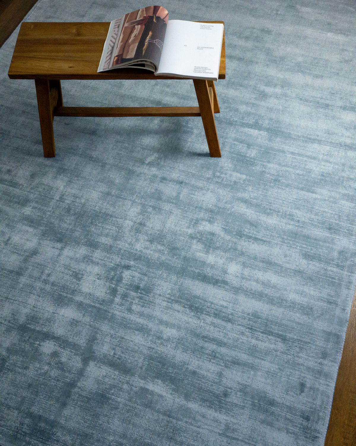 Amara viscose hand-loomed area rug in Dark Cyan, styled in a living room