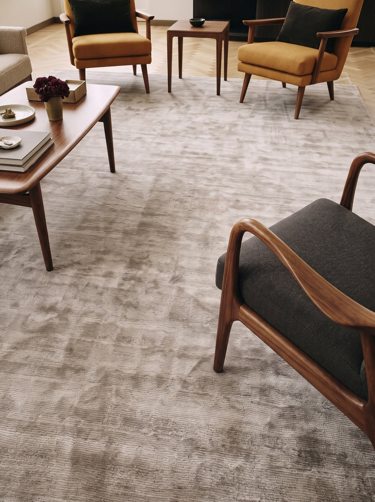 Amara viscose hand-loomed area rug in Dusk Grey, lifestyle close-up