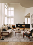 Amara viscose hand-loomed area rug in Dusk Grey, lifestyle room view