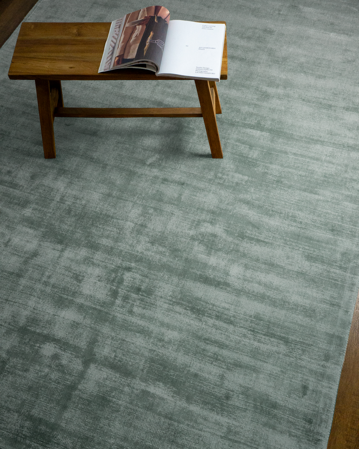 Amara viscose hand-loomed area rug in Evergreen, styled in a living room