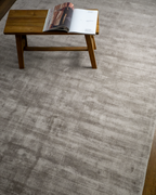 Amara viscose hand-loomed area rug in Light Grey, styled in a living room