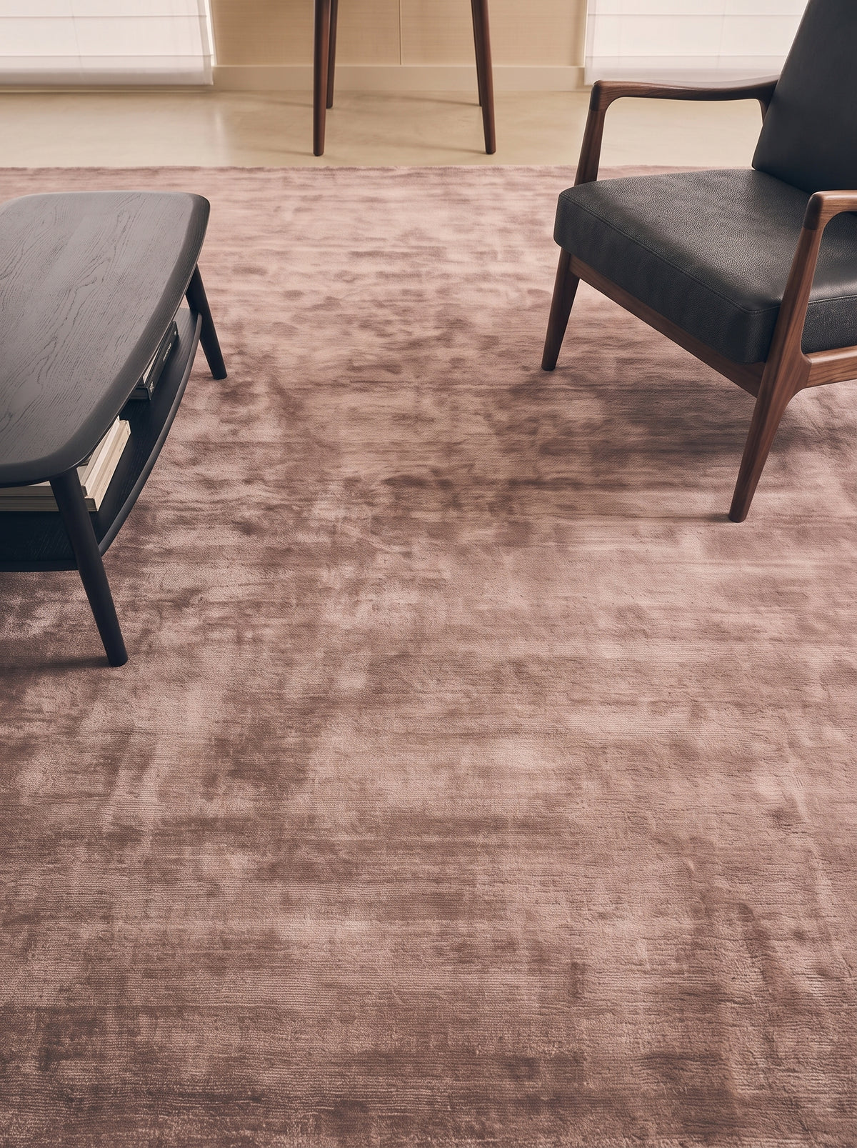 Amara viscose hand-loomed area rug in Light Mauve, lifestyle close-up